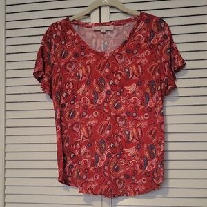 LOFT Red Paisley Short Ruffled Sleeve Top